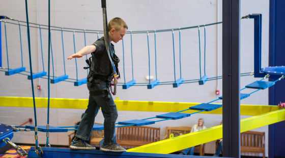 Boy balancing on the ropes course