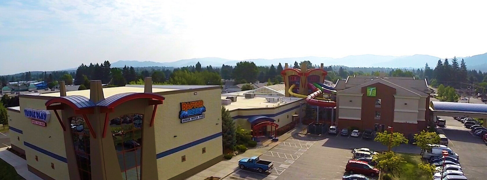Outside aerial shot of the Triple Play center and attached resort